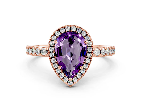 Rose gold Pear Cut Amethyst Classic Halo Engagement Ring with Round Pavé Band and Prong Setting