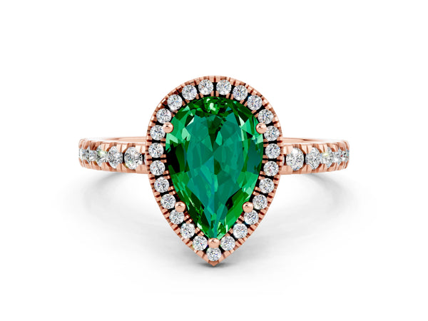 Rose gold Pear Cut Emerald Classic Halo Engagement Ring with Round Pavé Band and Prong Setting