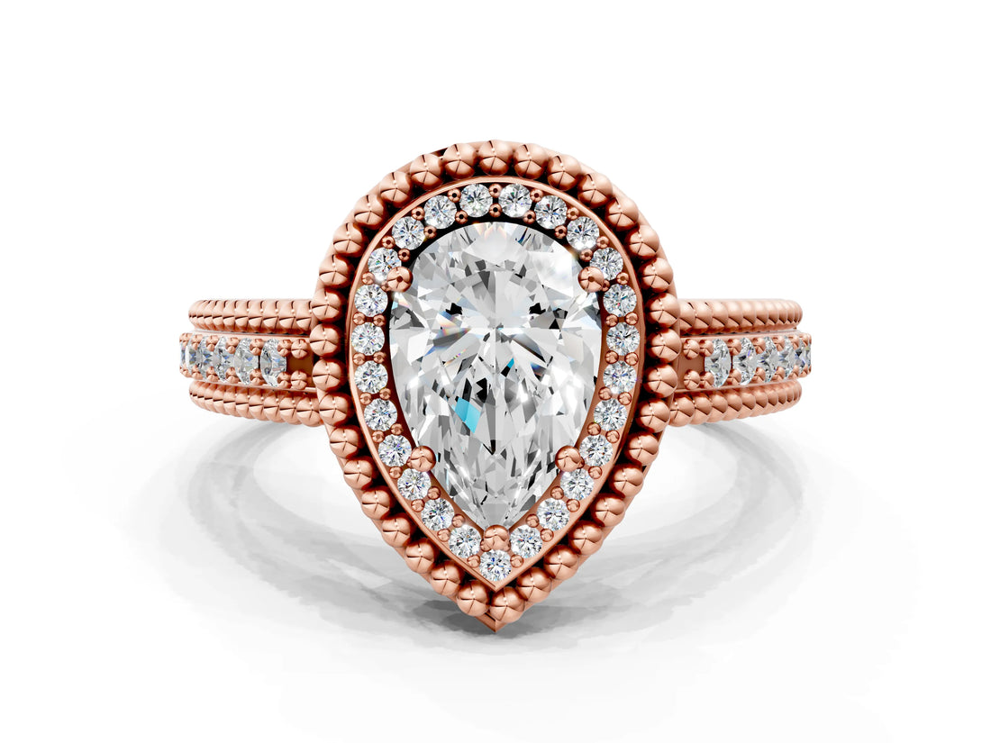 Rose gold Pear Cut Halo Diamond Ring with Beaded Split Shank and Four-Prong Setting_9