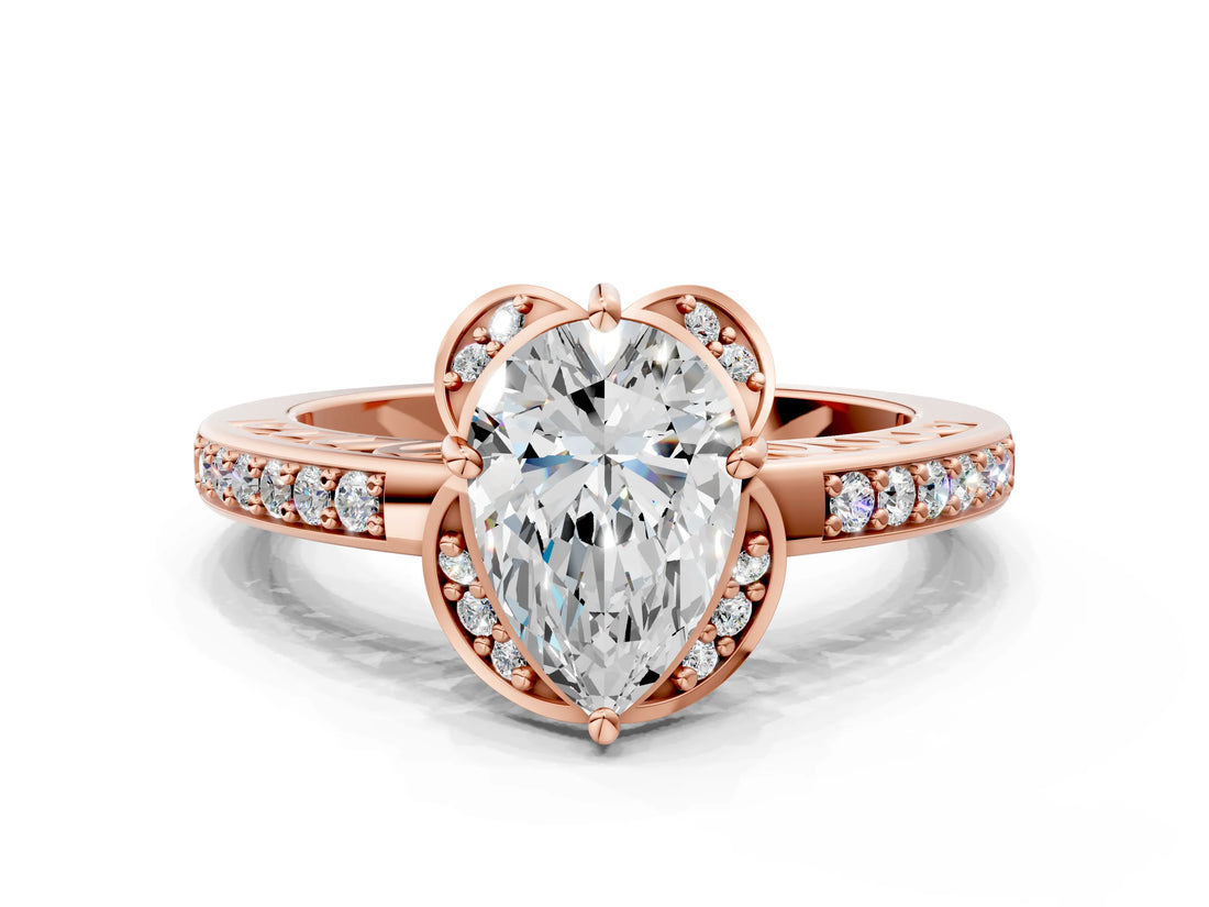 Rose gold Pear Cut Halo Diamond Ring with Channel Set Band and Four-Prong Setting_32