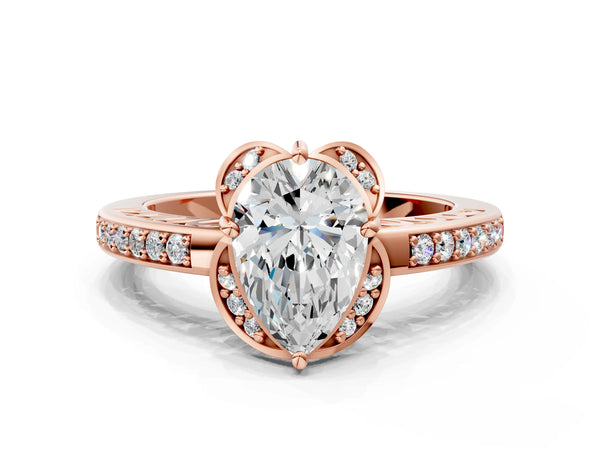 Rose gold Pear Cut Halo Diamond Ring with Channel Set Band and Four-Prong Setting