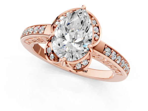 Rose gold Pear Cut Halo Diamond Ring with Channel Set Band and Four-Prong Setting