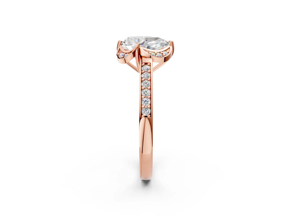 Rose gold Pear Cut Halo Diamond Ring with Channel Set Band and Four-Prong Setting