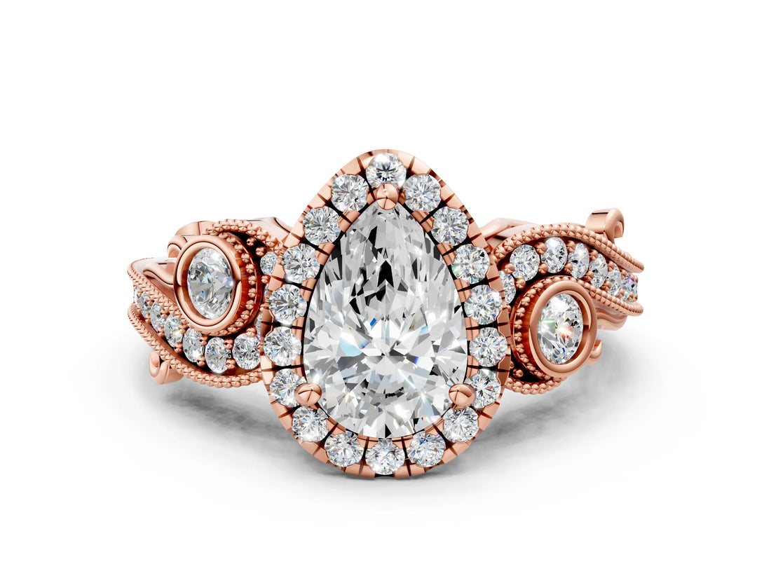 Rose gold Pear Cut Halo Diamond Ring with Milgrain and Bezel Accents on a Split Shank Band_15