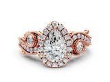 Rose gold Pear Cut Halo Diamond Ring with Milgrain and Bezel Accents on a Split Shank Band_15