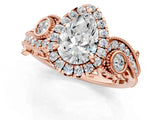Rose gold Pear Cut Halo Diamond Ring with Milgrain and Bezel Accents on a Split Shank Band_16