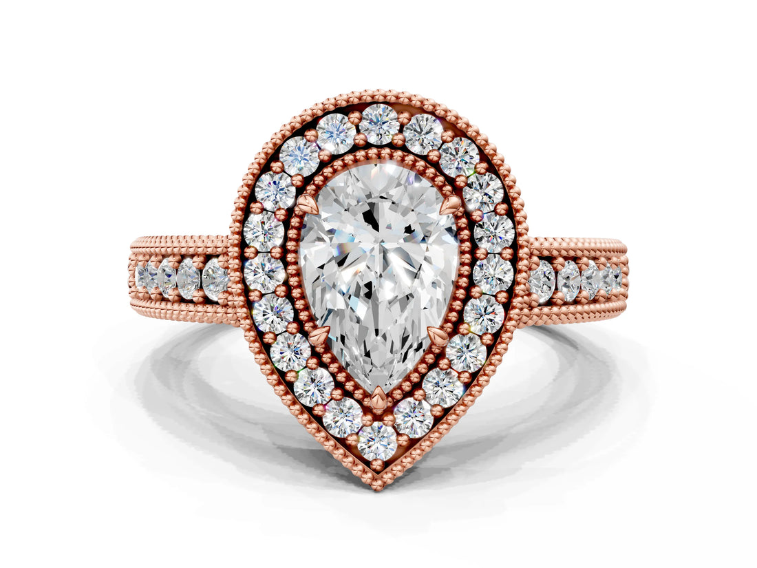 Rose gold Pear Cut Halo Diamond Ring with Pavé Band and Four-Prong Setting_87