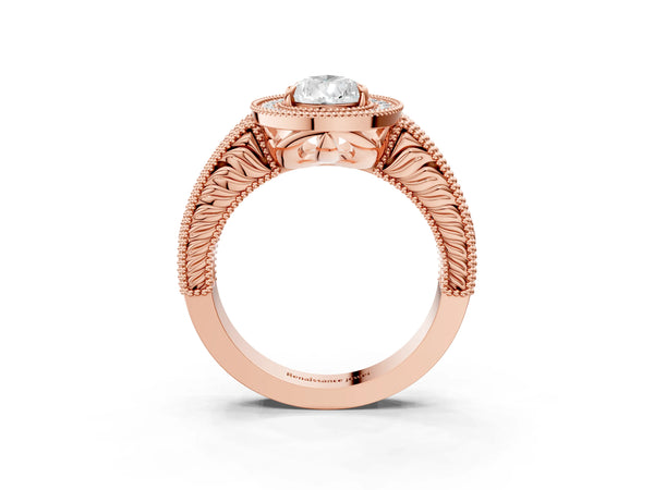Rose Gold Pear-Shaped Vintage Milgrain Halo Engagement Ring Setting with Pave Band and Engraving