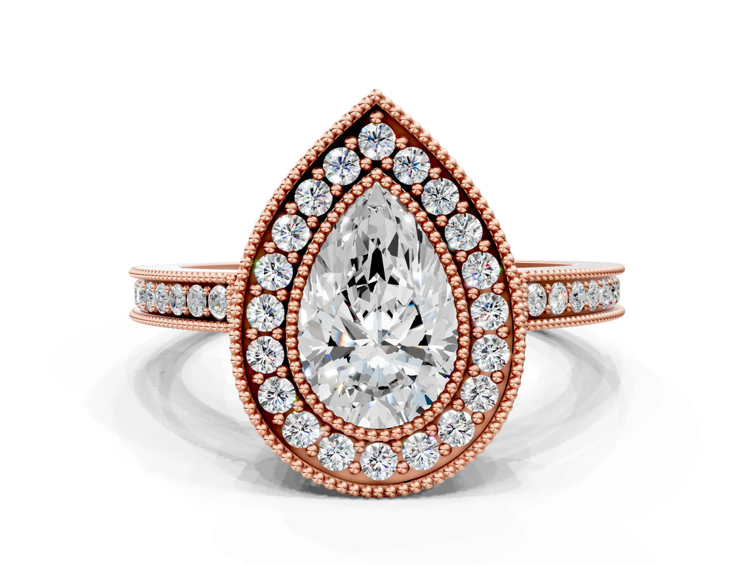 Rose gold Pear Cut Halo Diamond Ring with Pavé Band and Milgrain Prong Setting_33