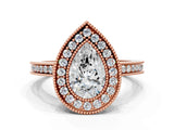 Rose gold Pear Cut Halo Diamond Ring with Pavé Band and Milgrain Prong Setting_33