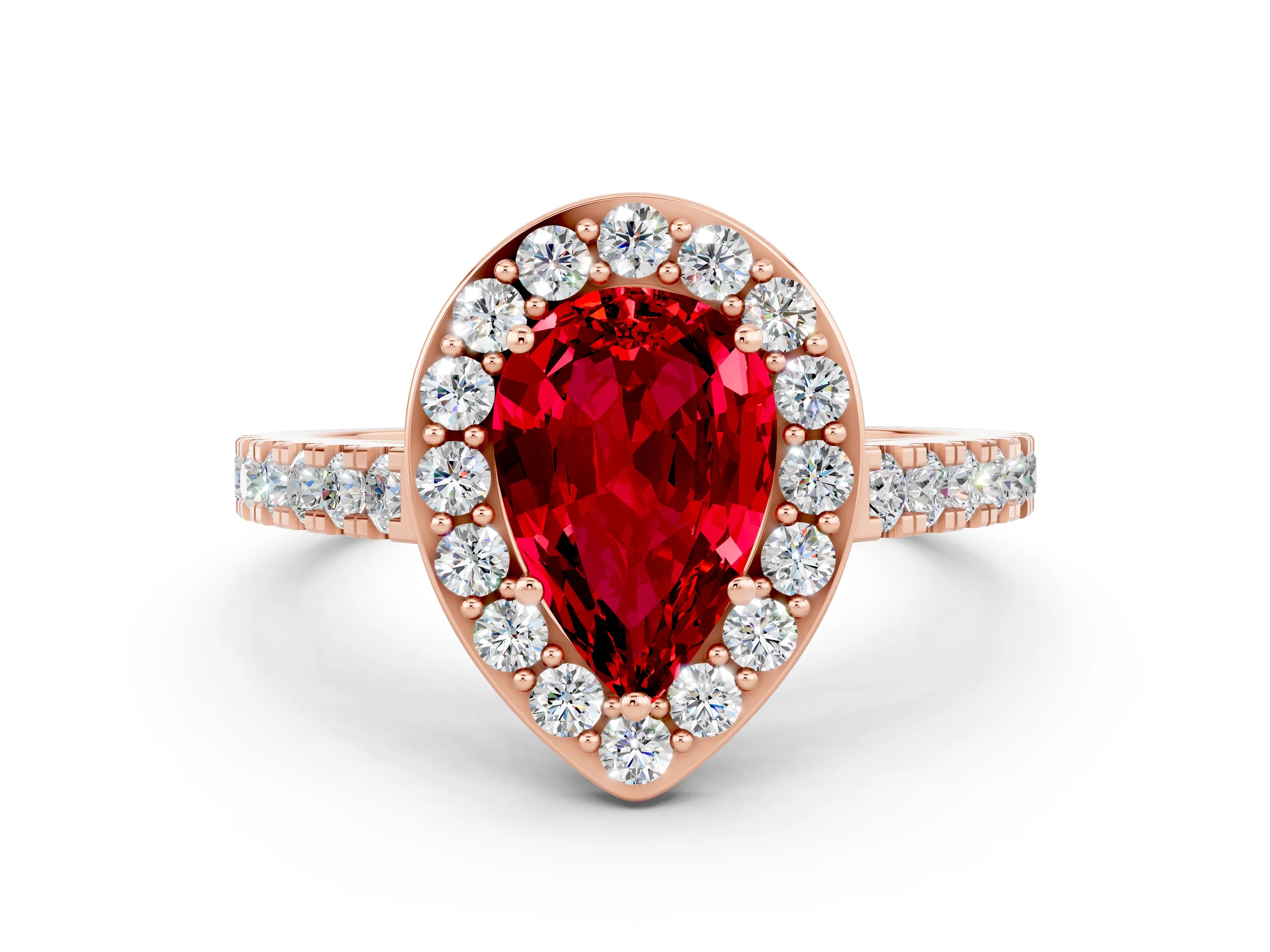 Rose gold Pear Cut Halo Diamond Ring with Pavé Band and Three-Prong Setting