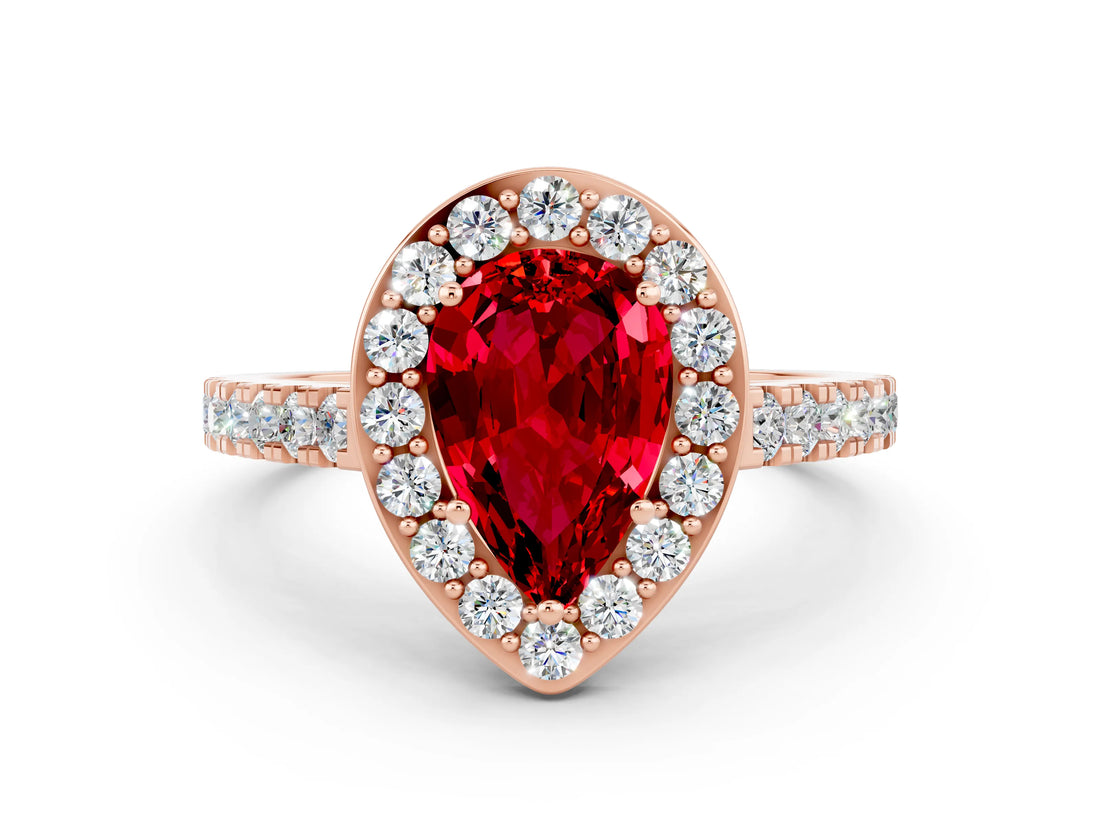 Rose gold Pear Cut Halo Diamond Ring with Pavé Band and Three-Prong Setting