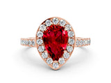 Rose gold Pear Cut Halo Diamond Ring with Pavé Band and Three-Prong Setting