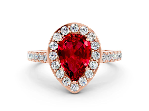 Rose gold Pear Cut Ruby Halo Ring with Round Pavé Split Shank and Prong Setting