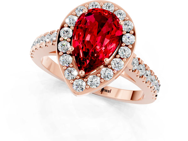 Rose gold Pear Cut Ruby Halo Ring with Round Pavé Split Shank and Prong Setting