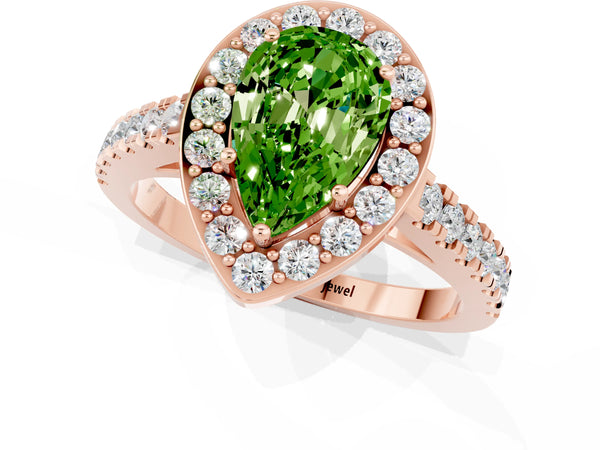 Rose gold Pear Cut Halo Diamond Ring with Pavé Band and Three-Prong Setting
