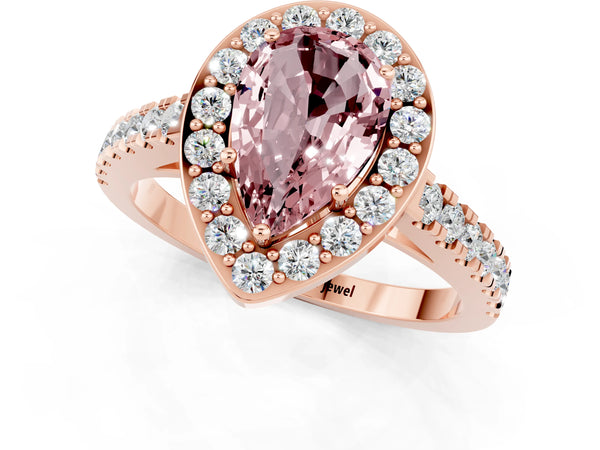 Rose gold Pear Cut Halo Diamond Ring with Pavé Band and Three-Prong Setting