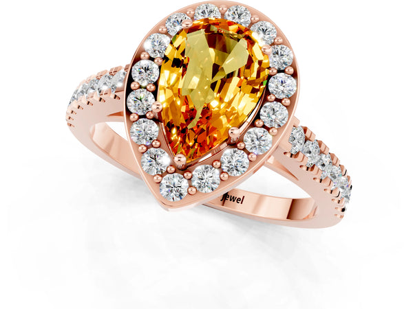 Rose gold Pear Cut Citrine Halo Ring with Round Pavé Split Shank and Prong Setting