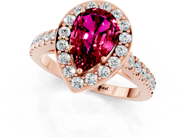 Rose gold Pear Cut Garnet Halo Ring with Round Pavé Split Shank and Prong Setting