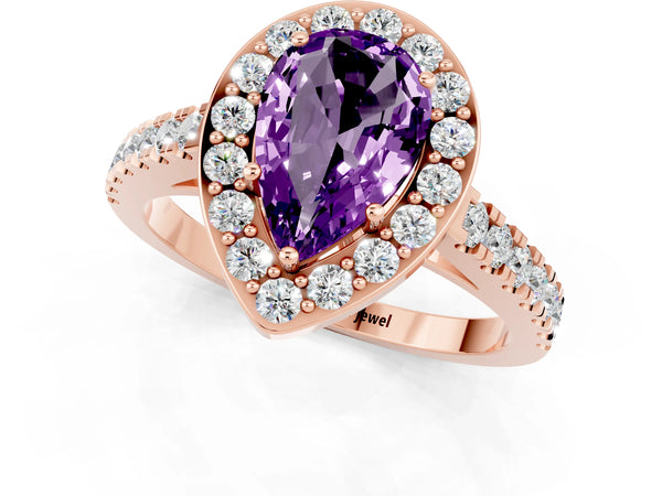 Rose gold Pear Cut Amethyst Halo Ring with Round Pavé Split Shank and Prong Setting