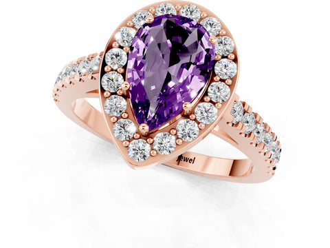 Rose gold Pear Cut Halo Diamond Ring with Pavé Band and Three-Prong Setting_1