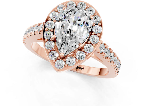 Rose gold Pear Cut Moissanite Halo Ring with Round Pavé Split Shank and Prong Setting