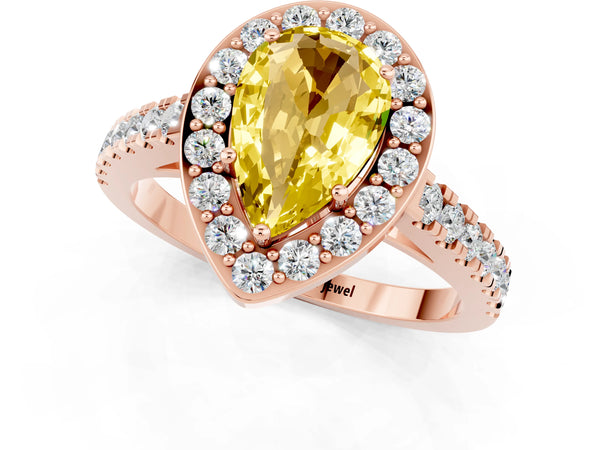 Rose gold Pear Cut Yellow Sapphire Halo Ring with Round Pavé Split Shank and Prong Setting