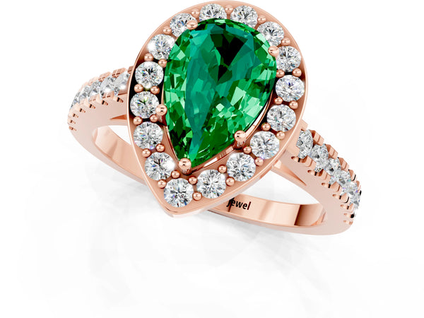 Rose gold Pear Cut Emerald Halo Ring with Round Pavé Split Shank and Prong Setting