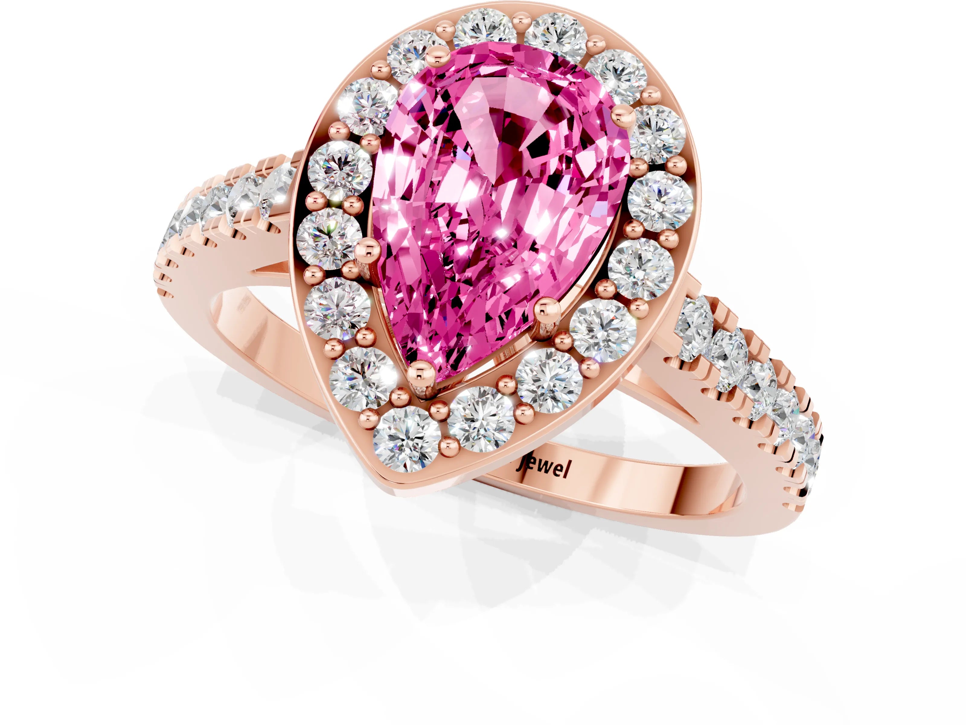 Rose gold Pear Cut Halo Diamond Ring with Pavé Band and Three-Prong Setting_1