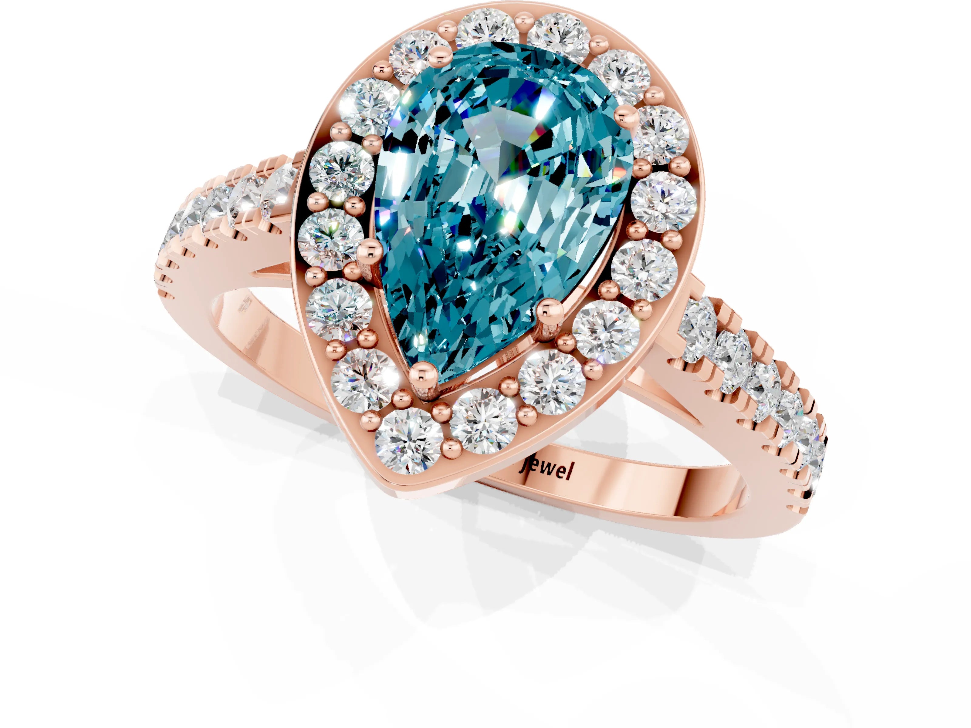 Rose gold Pear Cut Halo Diamond Ring with Pavé Band and Three-Prong Setting_1