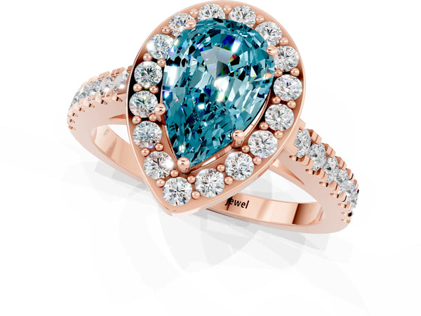 Rose gold Pear Cut Halo Diamond Ring with Pavé Band and Three-Prong Setting
