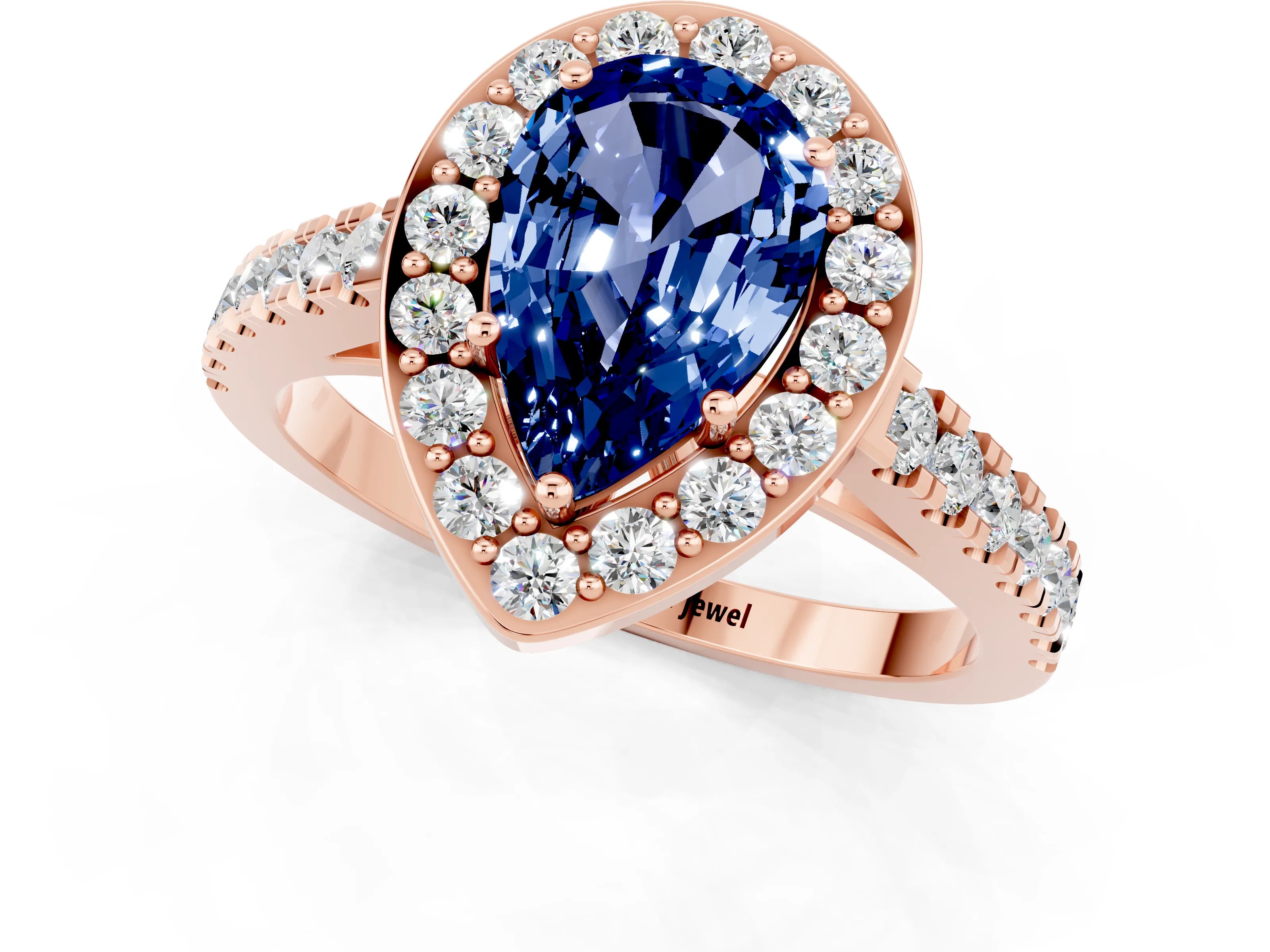 Rose gold Pear Cut Halo Diamond Ring with Pavé Band and Three-Prong Setting_1