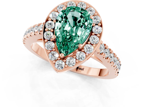 Rose gold Pear Cut Green Sapphire Halo Ring with Round Pavé Split Shank and Prong Setting