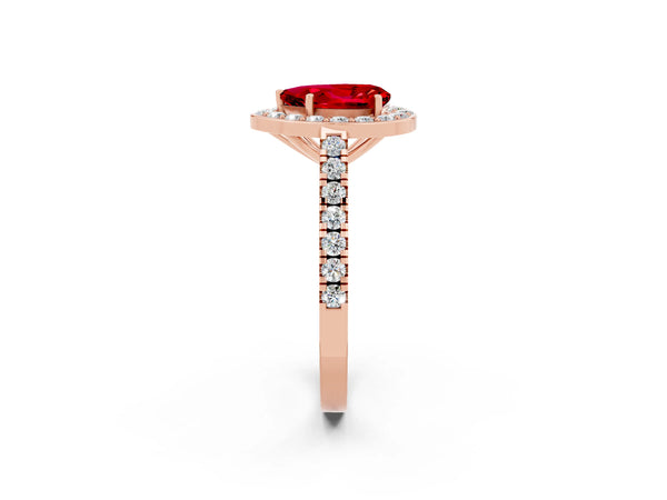 Rose gold Pear Cut Ruby Halo Ring with Round Pavé Split Shank and Prong Setting