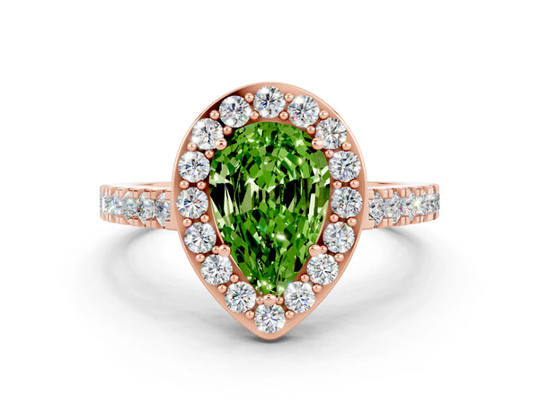 Rose gold Pear Cut Halo Diamond Ring with Pavé Band and Three-Prong Setting