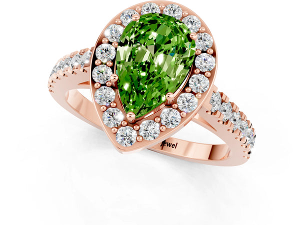 Rose gold Pear Cut Halo Diamond Ring with Pavé Band and Three-Prong Setting
