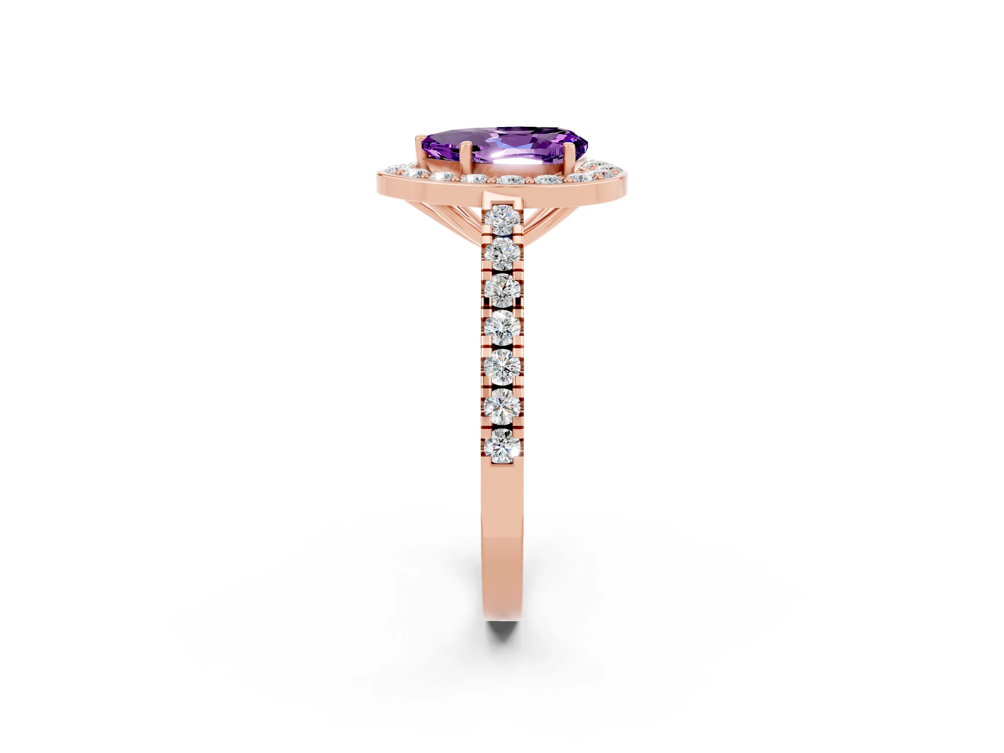 Rose gold Pear Cut Halo Diamond Ring with Pavé Band and Three-Prong Setting_2