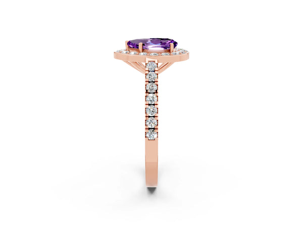 Rose gold Pear Cut Amethyst Halo Ring with Round Pavé Split Shank and Prong Setting