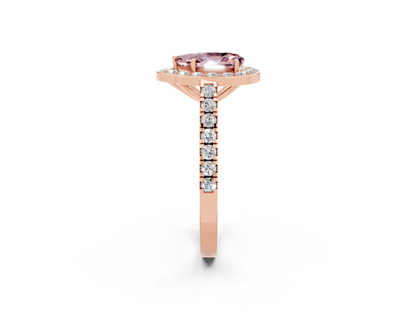 Rose gold Pear Cut Halo Diamond Ring with Pavé Band and Three-Prong Setting