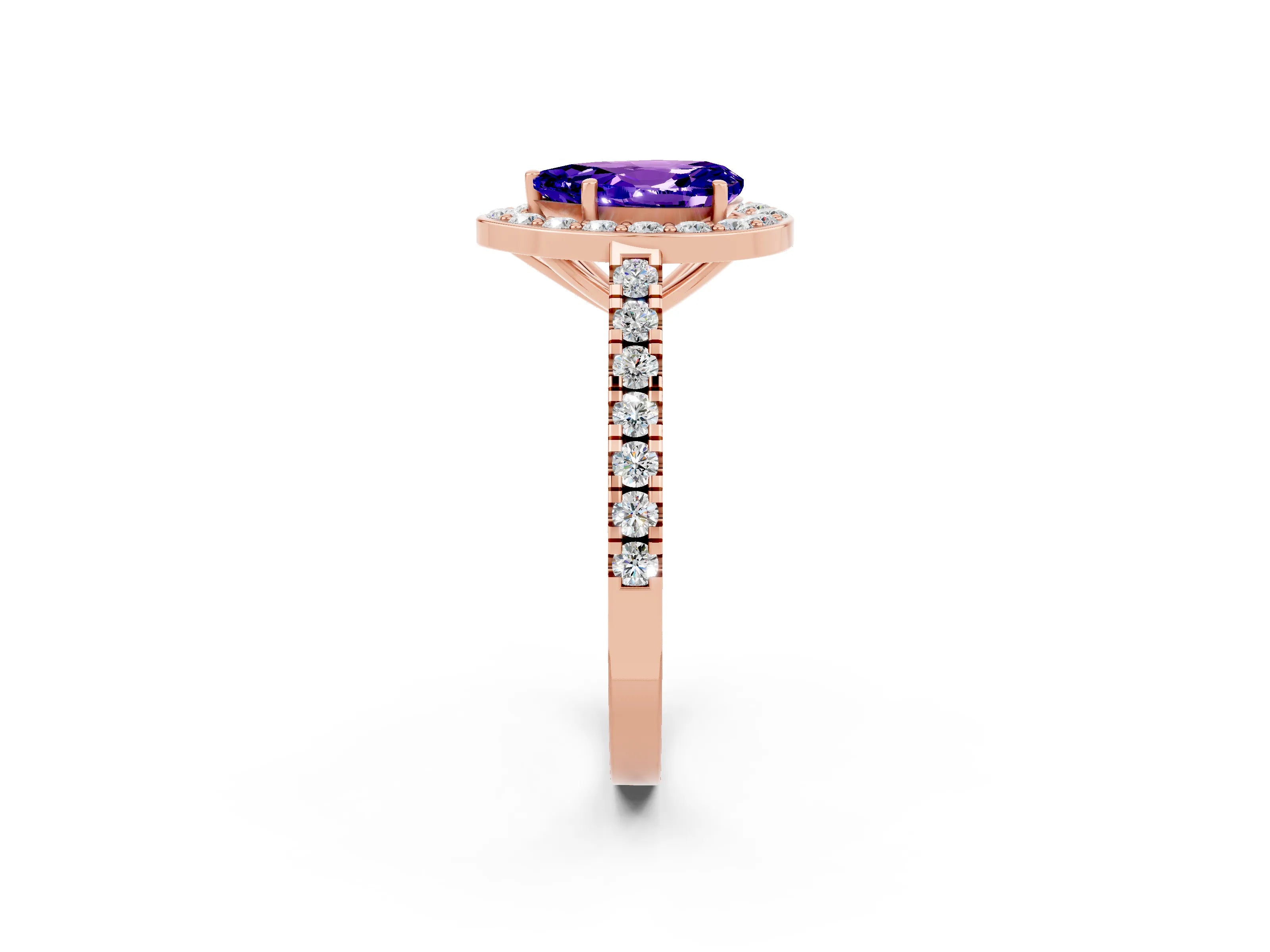 Rose gold Pear Cut Halo Diamond Ring with Pavé Band and Three-Prong Setting_2