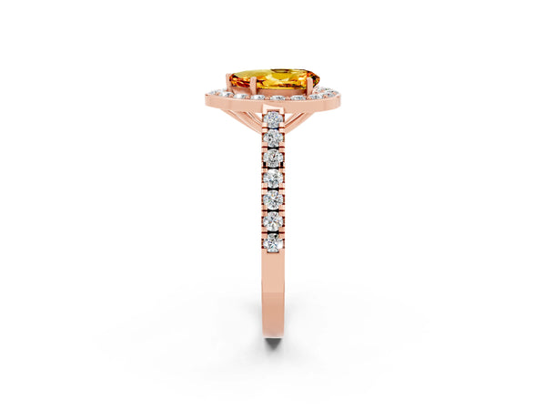 Rose gold Pear Cut Citrine Halo Ring with Round Pavé Split Shank and Prong Setting