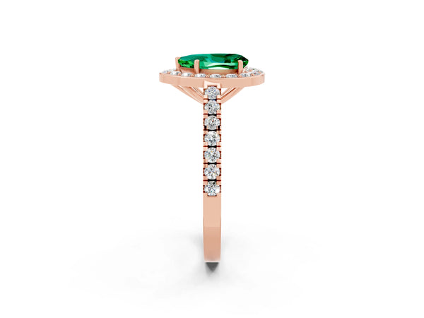 Rose gold Pear Cut Emerald Halo Ring with Round Pavé Split Shank and Prong Setting