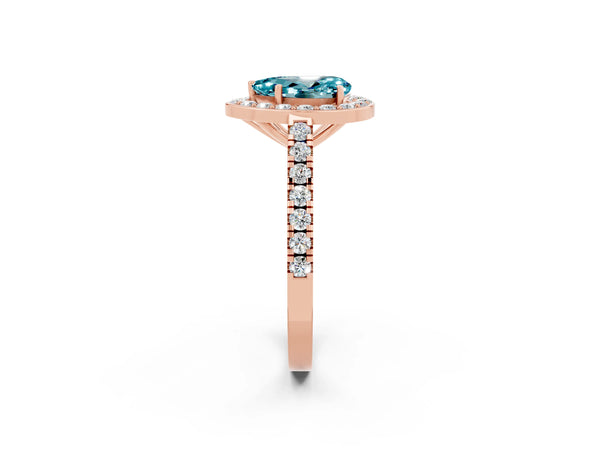 Rose gold Pear Cut Halo Diamond Ring with Pavé Band and Three-Prong Setting