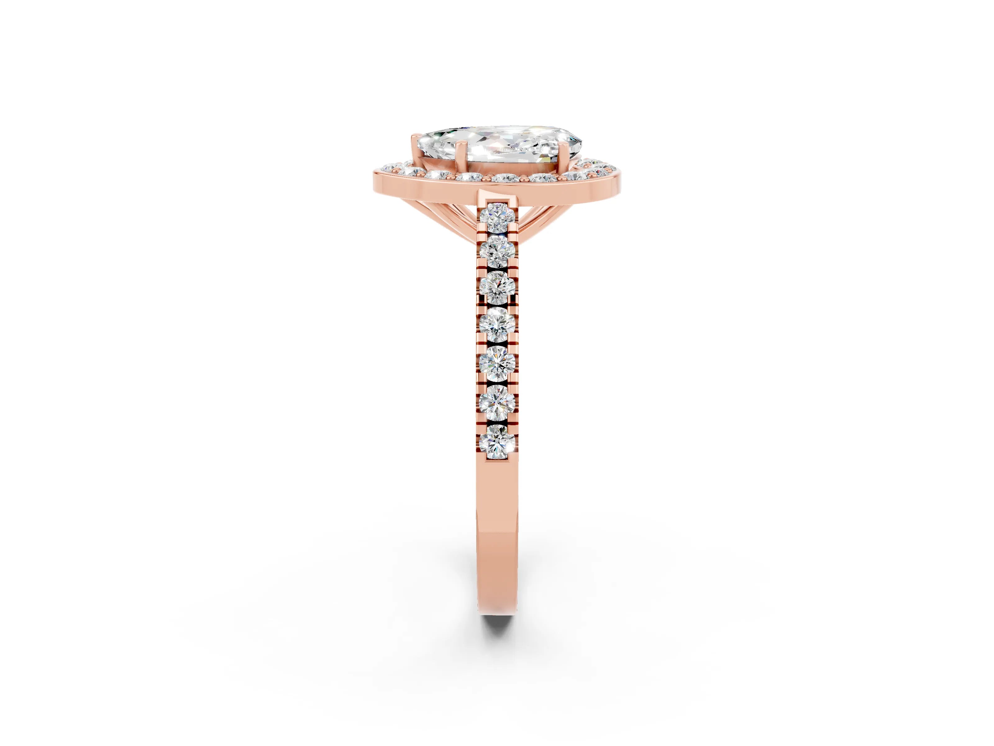 Rose gold Pear Cut Halo Diamond Ring with Pavé Band and Three-Prong Setting_2