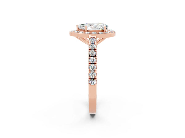 Rose gold Pear Cut Moissanite Halo Ring with Round Pavé Split Shank and Prong Setting