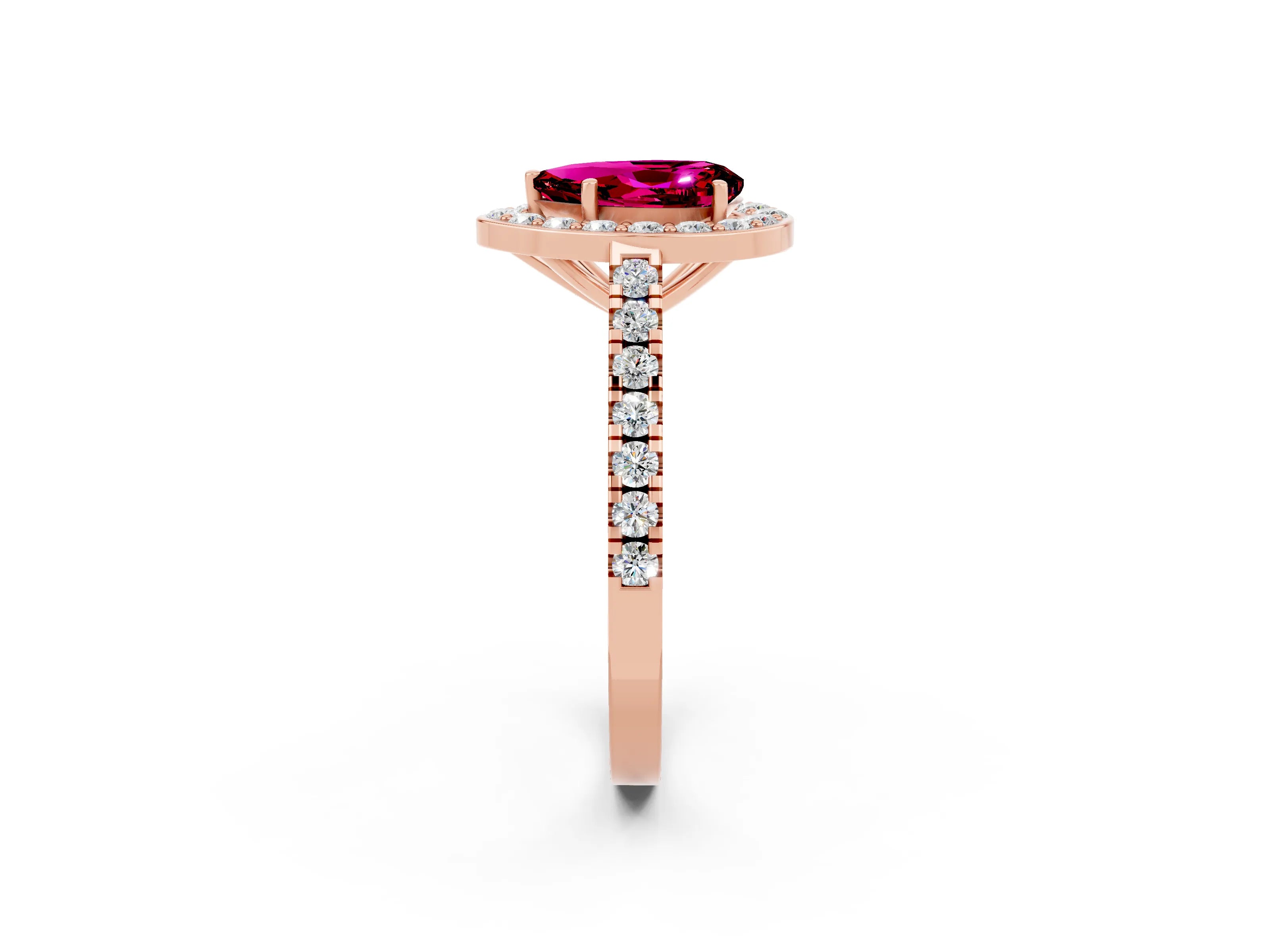 Rose gold Pear Cut Halo Diamond Ring with Pavé Band and Three-Prong Setting_2