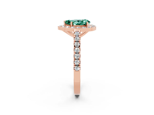 Rose gold Pear Cut Green Sapphire Halo Ring with Round Pavé Split Shank and Prong Setting