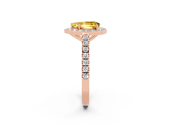 Rose gold Pear Cut Yellow Sapphire Halo Ring with Round Pavé Split Shank and Prong Setting