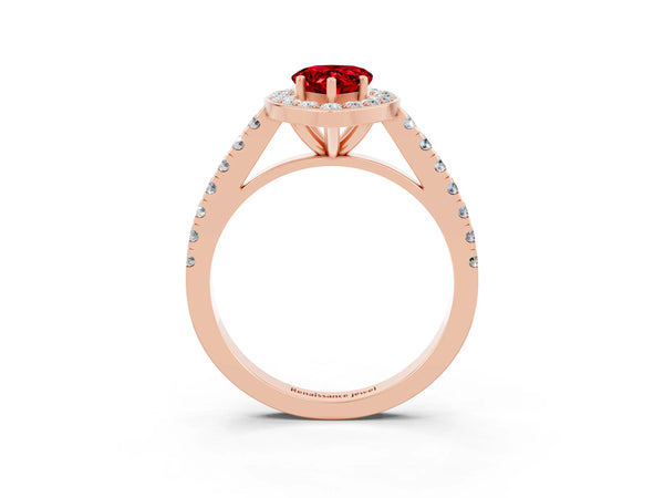 Rose gold Pear Cut Ruby Halo Ring with Round Pavé Split Shank and Prong Setting