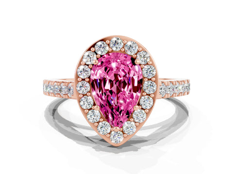 Rose gold Pear Cut Halo Diamond Ring with Pavé Band and Three-Prong Setting